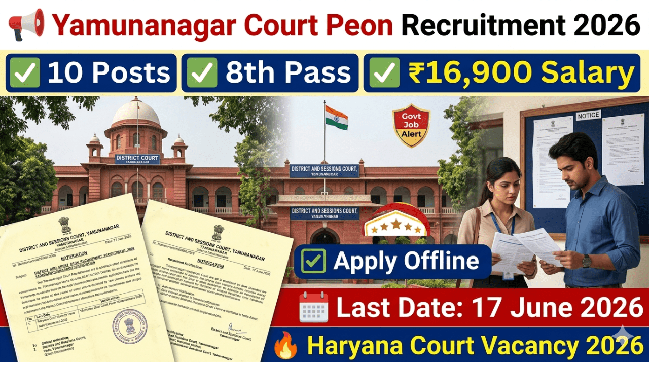 Yamunanagar Court Peon Recruitment 2026: 10 Posts Notification Released, Apply Offline